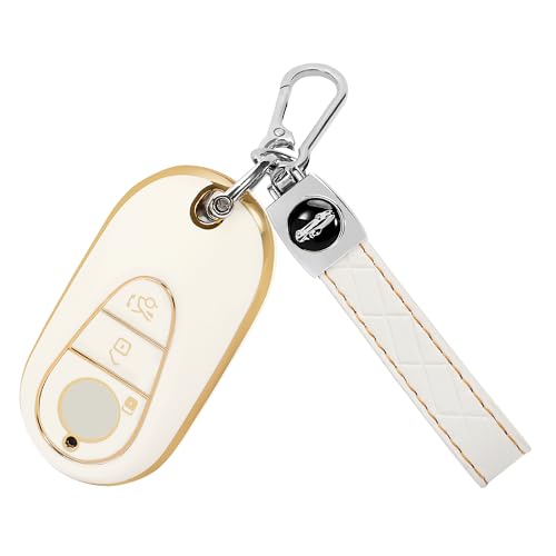 TOMALL for Mercedes Benz Key Fob Cover with Keychain, 3 Buttons Soft TPU Key Fob Protector Fit for Mercedes Benz 2022-2025 S-Class, G-Class, E-Class, C-Class, GLC-Class, SL-Class, EQS, EQE, White