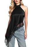 Blusa Halter para Mujer Camiseta Sin Mangas De Satén Elegante Top Cuello Halter con Encaje Asimétrico Elegante Salir Y2K Negro, S