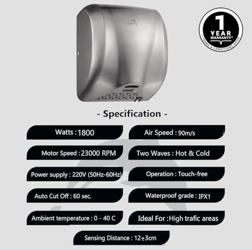 Image of Dolphy Automatic Hand Dryer for Bathroom | 304 Stainless Steel | Super High Speed for Fast Drying| Energy Efficient- 1800 W