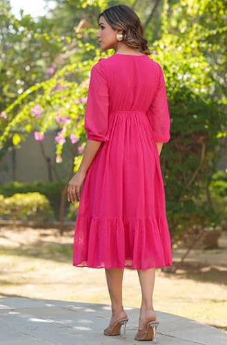 Image of Janasya Women's Dobby Chiffon Self Design Fit & Flare Dress