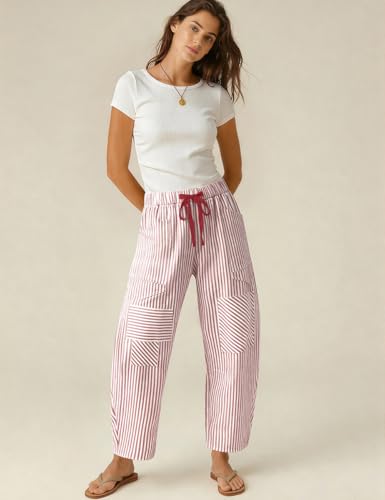 Image of TARSE Womens Striped Linen Barrel Pants with Pockets Y2k Patchwork