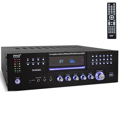 Pyle 4 Channel Bluetooth Home Amplifier - Front Loading DVD/CD Player - 3000W Peak Stereo Receiver - 2 Mic Inputs w/ Echo, FM Radio,Optical In,USB,RCA,Composite, LED Level Meter, Rack Mount - PD3000BA