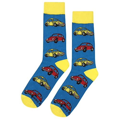 SockFly VW Beetle Blue Dress Socks Funny Novelty Crazy Fun Design Men Size 8-12 Cotton Casual Crew Colorful Funky Fancy Socks Gift for Men