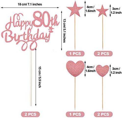 Boao 80th Birthday Cake Toppers for Ladies Women, Happy 80th Birthday Cake Topper with Star Heart Cake Topper 80th Birthday Cake Decorations for Birthday Party Cake Supplies, Rose Gold