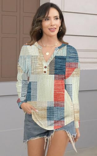 ETCYY NEW Womens Long Sleeve Tops V Neck Button Novelty Print Tunic Blouses Loose Fit Fall Outfits Clothes4