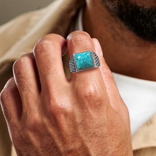 925 Sterling Silver Genuine Turquoise Rings for Men Square Real Natural Gemstone with Plaid Texture Native American Style Jewelry2