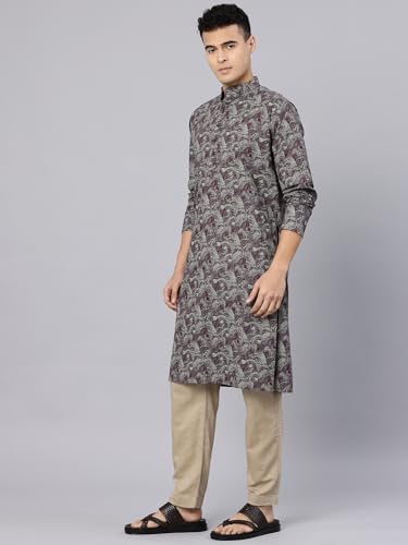 Image of Majestic Man Men's Regular Fit Ethnic Motifs Printed Pure Cotton Long Kurta with Mandarin Collar & Full Sleeves