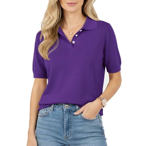 Women's Wool Polo Shirts Spring Summer Sweater Tops Short Sleeve Soft Trendy Business Casual Outfits Wool Collared Sweater Womens Polo Sweaters Burgundy L by Grewear - Used condition - US$32.37