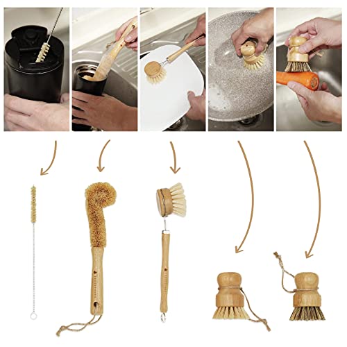 Natural Bamboo Dish Brush Set - Kitchen Dish Brush Set - Wooden Dish Brush Set With Holder - Bamboo Dish Scrub Brush - Wood Dish Brush Set - Bamboo Dish Brush With Holder - Eco Friendly Dish Brush #TOP2