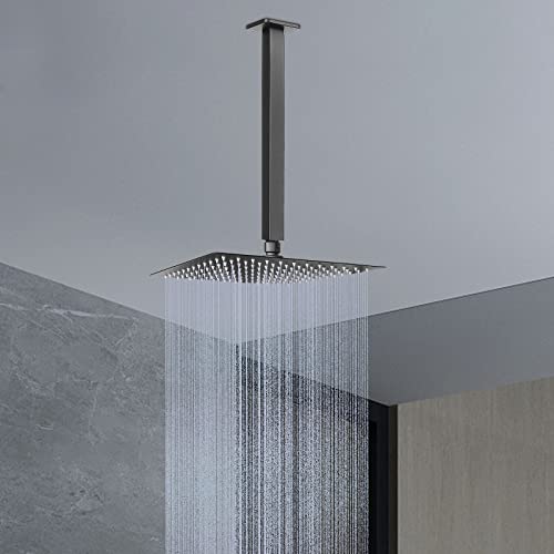 Image of Ceiling Mounted Shower Arm, Rain Shower Square Extension Arm with Flange and Teflon Tape Stainless Steel Ceiling Mount Shower Extender (12 Inch, Matte Black)