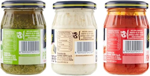Biffi – Klassische italienische Soßenmischung – Pesto Classico 190 g - Sugo Cacio e Pepe 190 g - Tomaten-Basilikum-Soße – 3 Gläser 190 g