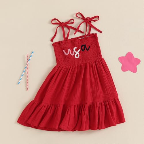 Toddler 4th of July Outfit Girl Sleeveless Lace Up Shoulder Letter Embroidery Ruched Dress Girls Summer Dresses3