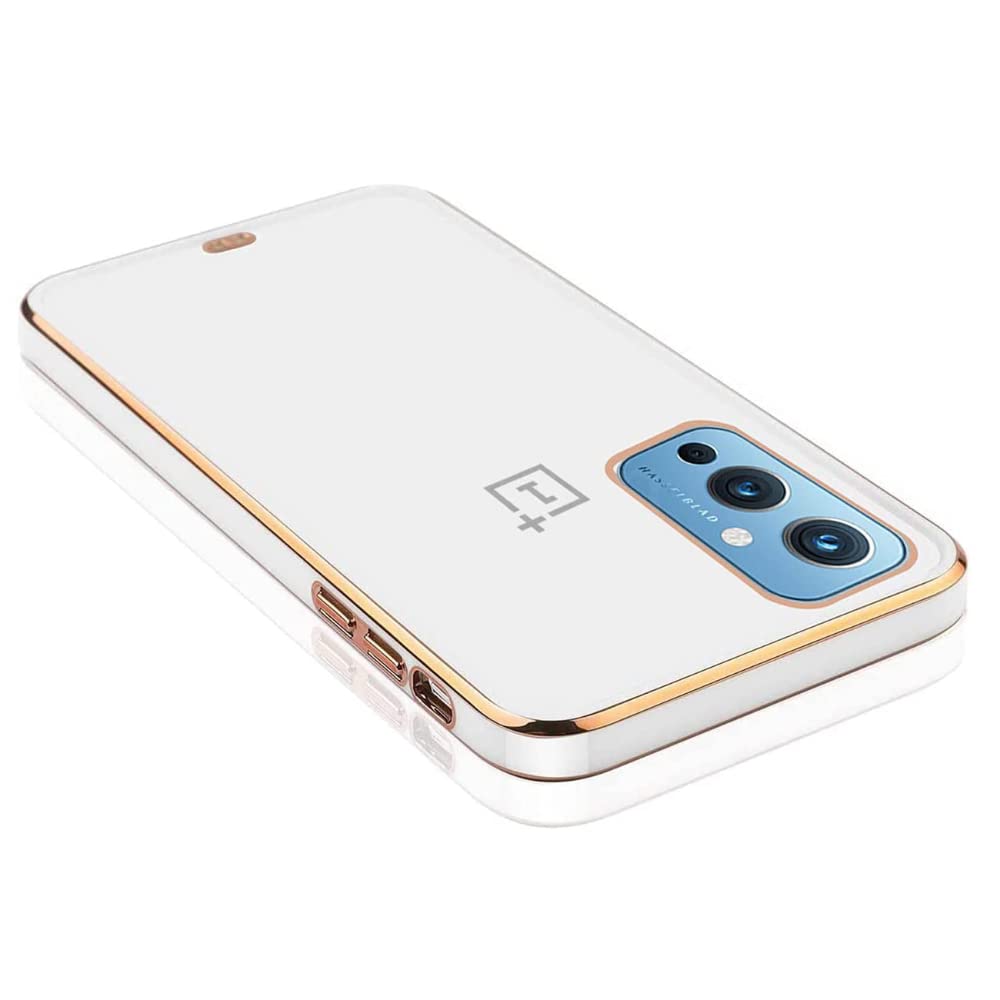 Wraklin Hybrid Chrome Silicone Case for OnePlus 9 with Solid Golden Edges Compatible for OnePlus 9 (White)