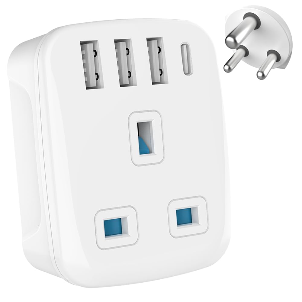 MyTravelPal UK to India Plug Adapter with USB C, White