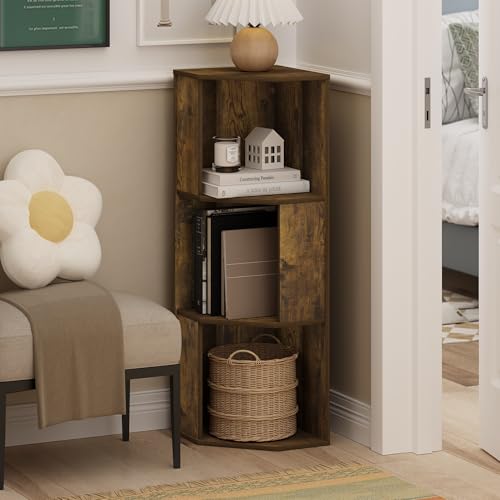 Image of Furinno ECON Corner Shelf, 3-Tier Corner Book Shelf, Standing Storage Shelves, Cube Display Rack, Bookshelf, for Organization and Storage, Living Room, Home Office, Amber Pine