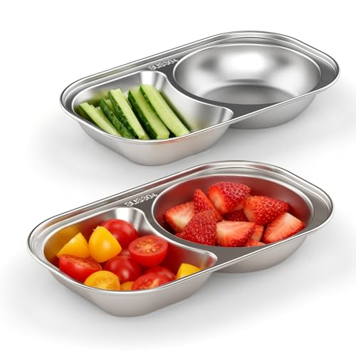 Bakpoco 2PCS Stainless Steel Toddler Plates with 2 Dividers Kids Plates for Snack Portion Control Small Divided Plate for Baby Feeding & Adults Camping Non-toxic Dishwasher Safe Metal Dish