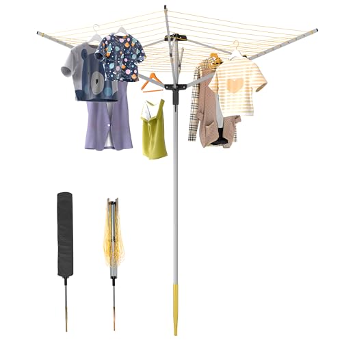 MYOYAY Tendedero para exteriores, incluye casquillo de suelo y funda protectora, tendedero con 50 m de largo, tendedero en forma de paraguas, adecuado para balcón y jardín (gris plateado)