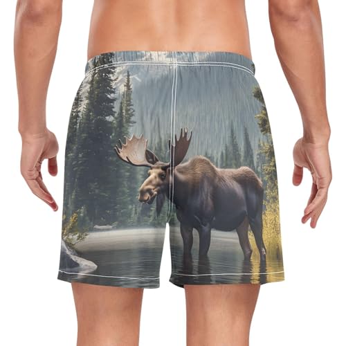 Mens Swim Trunks with Liner, Lake Moose Landscape Cool Quick Dry Beach Swim Shorts, Swimwear Bathing Suits S2