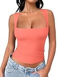 Picture of REORIA Women's Sexy Going Out Crop Tops Square Neck Summer Basic Corset Double Lined Tank Tops Preppy Party Concert 2025 Trendy Clothes Orange X-Small