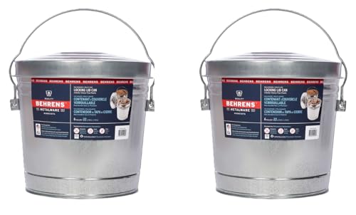 Behrens 6 Gallon Galvanized Steel Storage Can or Waste Bin w/Locking Lid & Handle (2 Cans, No Grip)