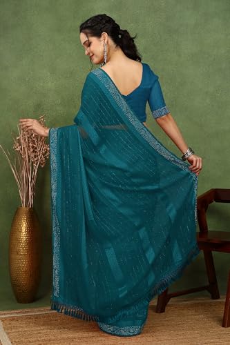 Image of MIRCHI FASHION Saree for Woman Georgette Solid with Satin Stripes | Stone Border Farewell and Ceremonial Sari with Blouse Piece