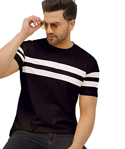 SWADESI STUFF Regular Fit Striped Round Neck Half Sleeve Latest T-Shirt for Men – Black (L)