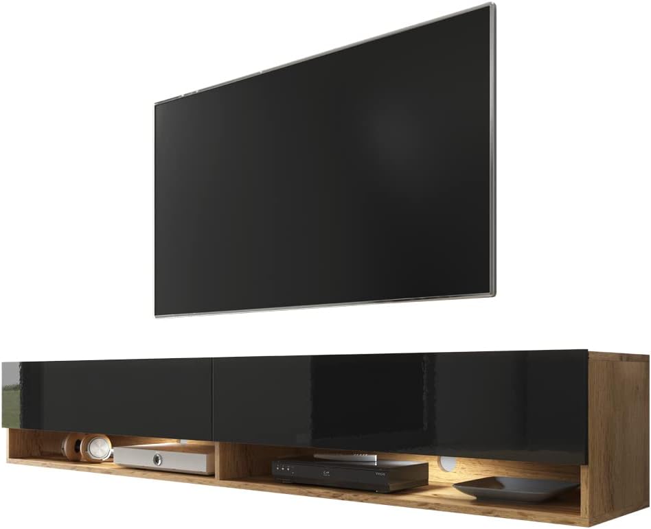 Selsey Wander - Mueble TV Suspendido/Mesa TV/Mueble para Salón (180 cm, con LED, Roble Dorado/Negro Brillante)