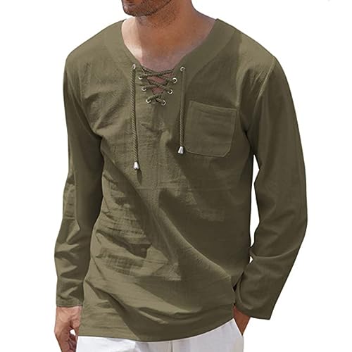 JEKE-DG Men Casual Cotton Linen T Shirt V Neck Lace-up Long Sleeve Tunic Yoga Tee Shirts Beach Lace Up Hippie Shirt (Medium,Pitch Green)