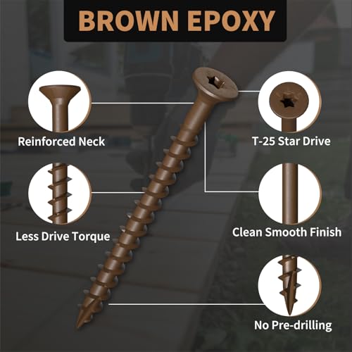Image of Wood Screws 2-1 /2 Inch, FIXLINK Deck Screws #10 x 2-1 /2 inch, 105 PCS, T25 Star Bit Above 1500 Hour Salt Spray Coating Outdoor Decking Screws for Wood Fence, Brown