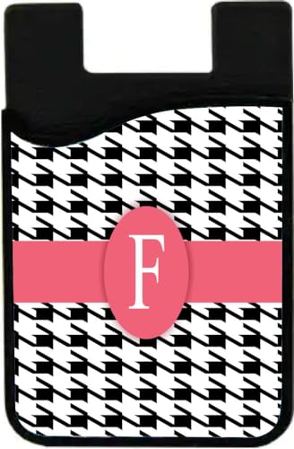 Island Gifting - Letter F Monogram - Houndstooth Dogtooth Rose Pink on Black Design - Stick-on ID Card Holder for iPhone/Galaxy/Google Android Cases