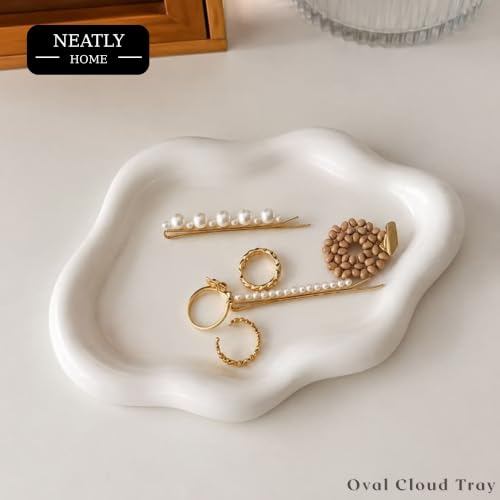 Image of Aesthetic Handmade Oval Cloud Trinket Tray Handmade | Jewelry Organizer | Vanity Tray for Women | Minimalist Home Decor, Candle Holder & Multipurpose - 24 x 16 cm