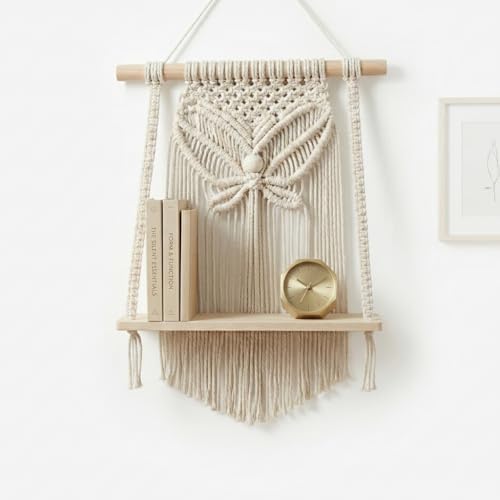 Image of Decazone Macrame Wall Hanging Shelf Bohemian Designs Home Decor Natural Pine Wooden Shelves and Cotton Cord (Mini Boho) (Butterfly)