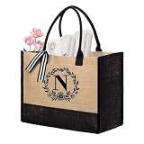 BeeGreen Initial Jute Tote Bag For Women Beach Tote Bag With Pocket Thank You Gift For Friends Mother Sister Personalized Monogrammed Gifts For Women Gift Bag For Birthday Bridal Shower N