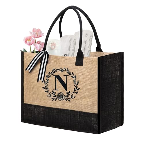 BeeGreen Initial Jute Tote Bag For Women Beach Tote Bag With Pocket Thank You Gift For Friends Mother Sister Personalized Monogrammed Gifts For Women Gift Bag For Birthday Bridal Shower N