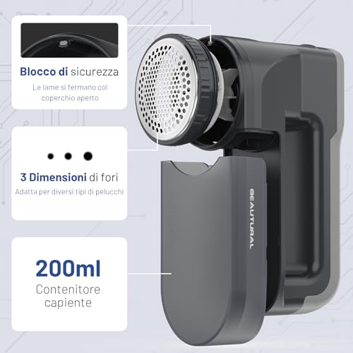 Image of BEAUTURAL Lint Shaver, Rechargeable Electric Lint Remover, 3 Speeds, 6 Blades Powerful Wool Shaver with Large Container for Clothes, Furniture, Blankets, Wool