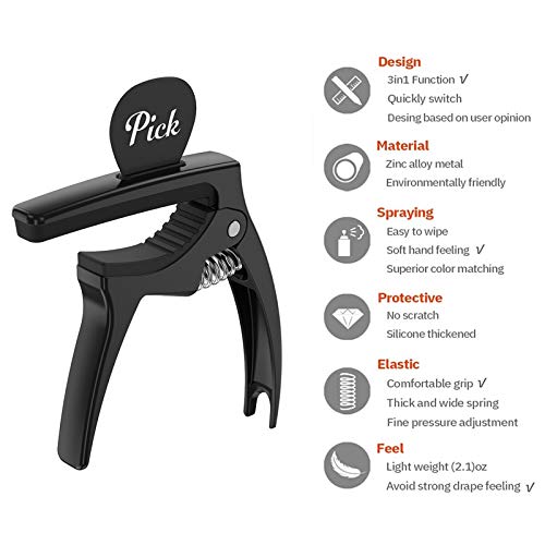 Image of 3in1 Guitar Capo for Acoustic&Electric Guitar Accessories 2 Pack | with Pick Holder and 6 Picks, Suitable for Ukulele and Stringed Instruments (Black & Bronze)