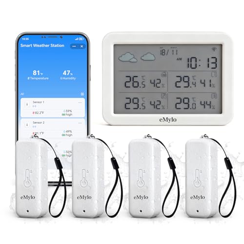 eMylo WiFi Hygrometer Thermometer 5 Pack, Smart Digital Indoor Temperature Humidity Monitor 426Ft Rang with 4 IP65 Wireless Sensors Outdoor Kit, App Alerts, Free Data Storage Export, Works with Alexa