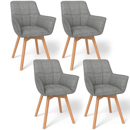 WAFTING 4er Set Drehbare Esszimmerstühle, 360° Drehstuhl mit Armlehnen Holzbeinen, Samtstoff Polsterstuhl für Esszimmer, Wohnzimmer, Küche, Schlafzimmer, Dunkelgrau