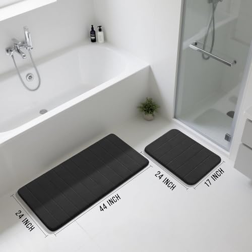 Image of Yimobra 2 Pieces Memory Foam Bath Mat Sets, 17x24+44.1x24 Inches for Bathroom Rugs, Toilet Mats, Non-Slip, Soft Comfortable, Water Absorption, Machine Washable, Black