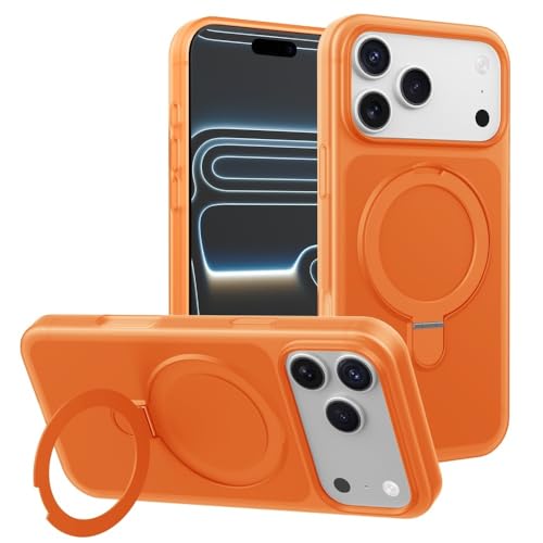 Coque iPhone 15 Pro Max orange en silicone antichoc avec support intégré