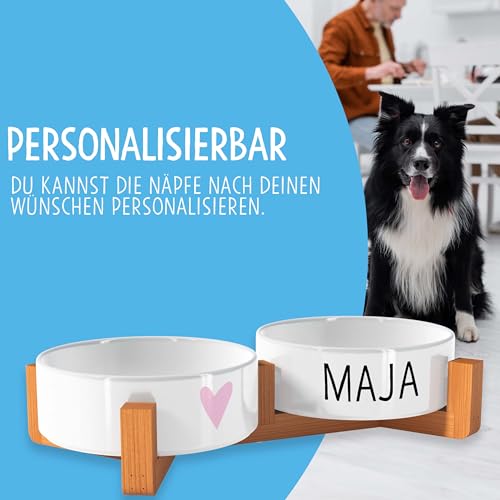 OWLBOOK rosa Herz Motiv Futternapf personalisiert Hundenapf mit Namen oder Wunschtext Doppelnapf aus Keramik mit Bambus Gestell Futternapf Napf Wassernapf Keramik, Bambus 300 ml