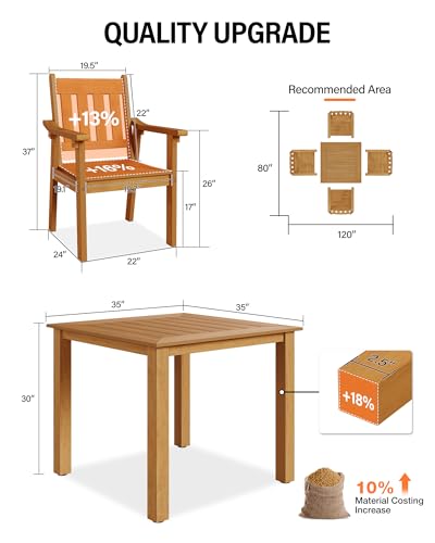 Image of YEFU HIPS Patio Table Set: 5 Piece Outdoor Square Table and Chairs with Metal Aluminum Frame - Teak Modern Plastic Patio Dining Furniture Set 4 Person for Outside Deck