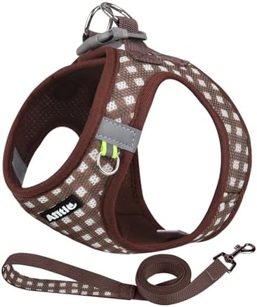 AIITLE Arnés y Correa antitirones para Perros, arneses de Malla Suave Reflectantes para Perros y Gatos Cachorros Extra pequeños, arnés Tipo Chaleco a Cuadros para Mascotas, Color Chocolate XXS