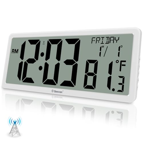 Geevon 14.3 Atomic Clock Battery Operated, Auto-Set Large Atomic Digital Wall Clock with Temperature, DST, Date, 4.4 Jumbo Digits for Home Office Elderly Living Room, Dining Room