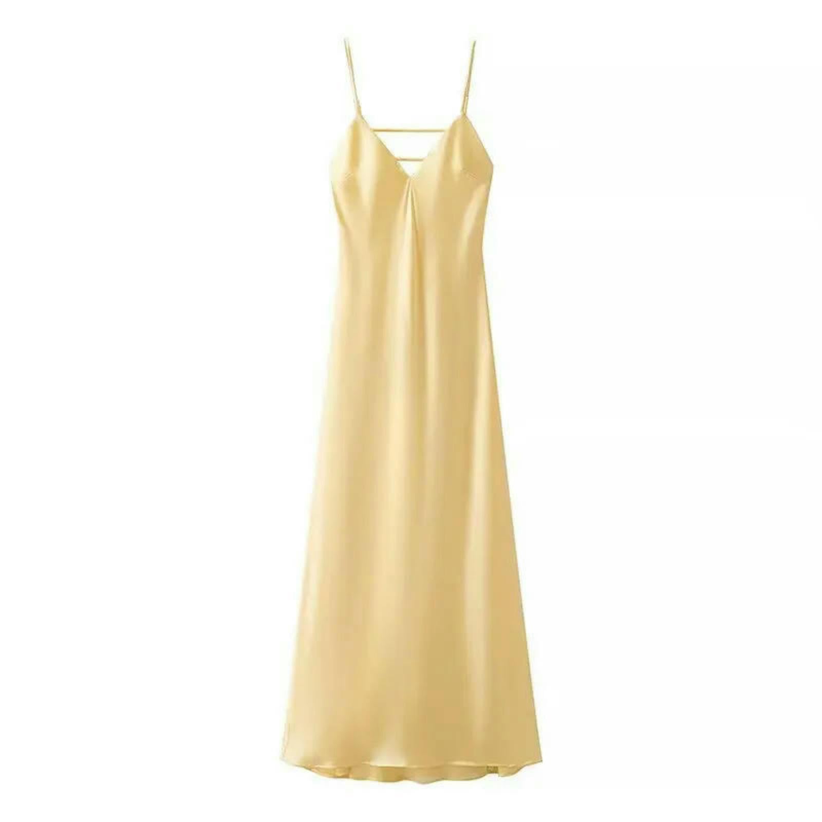 Abito Donna Estivo da con Scollo A V Giallo V, Lungo Elegante Senza Maniche Ampio per Feste, Vacanze E Abbigliamento Casual-Giallo-XS
