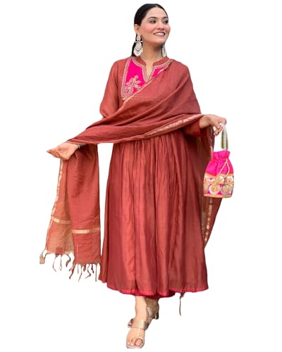Image of GoSriKi Women's Rayon Viscose Embroidered Anarkali Kurta with Pant & Dupatta