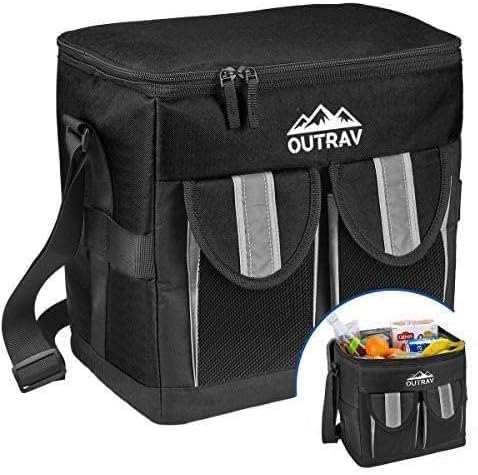 Black Padded Insulated Cooler – 30 Can Capacity - Soft Collapsible Leak Proof Tote for Camping, Picnics and Travel – Large Main Compartment, 2 Front Pouches, Handle and Shoulder Strap - Outrav