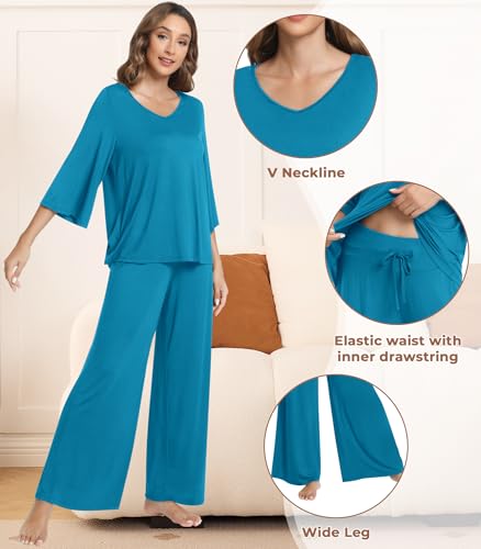 NACHILA Women's Pajamas Set 3/4 Sleeves Pjs V Neck Sleepwear Soft Loungewear with Wide Leg Pants, Viscose Made from Bamboo Teal Blue XL — view 4