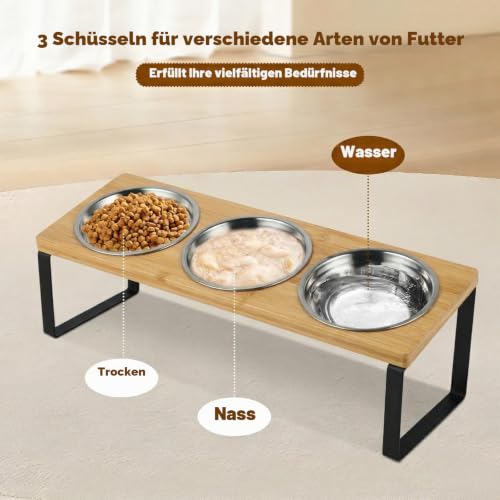 Katzen Futternapf 3er Set, Katzennäpfe Erhöht mit 15°Gekippte Holz Ständer, Ergonomischer Futterstation Katze mit Edelstahl Näpfe für… – Ansicht 3