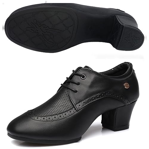 Dance Shoes for Women Leather Breathable Rubber Sole Soft Sole Outdoor Latin Dance Shoes Fashion Tango Waltz Salsa Modern Dance Performance Shoes (Color : Black-5CM/1.96In, Size : 9.5)
